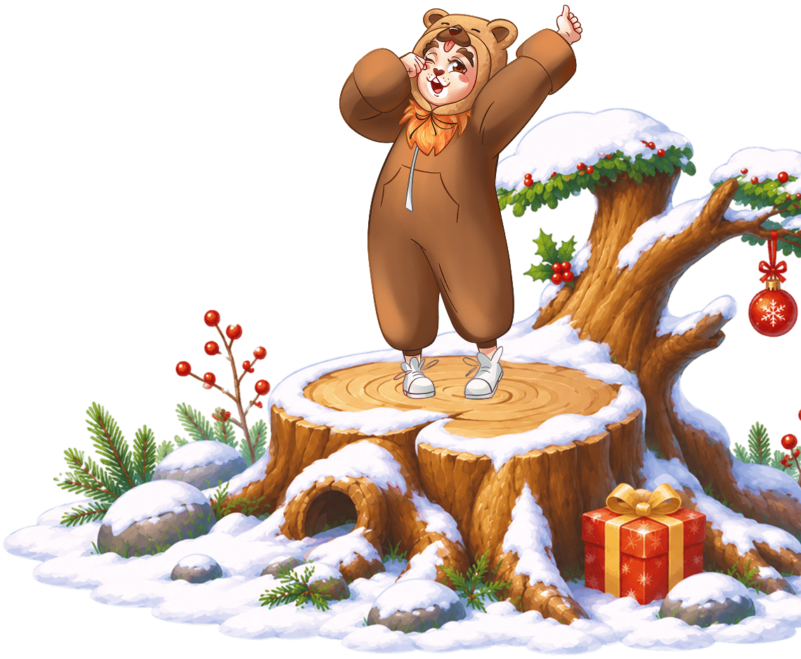 An illustration of a boy dressed as a sleepy teddy bear on a tree stump for a children's play