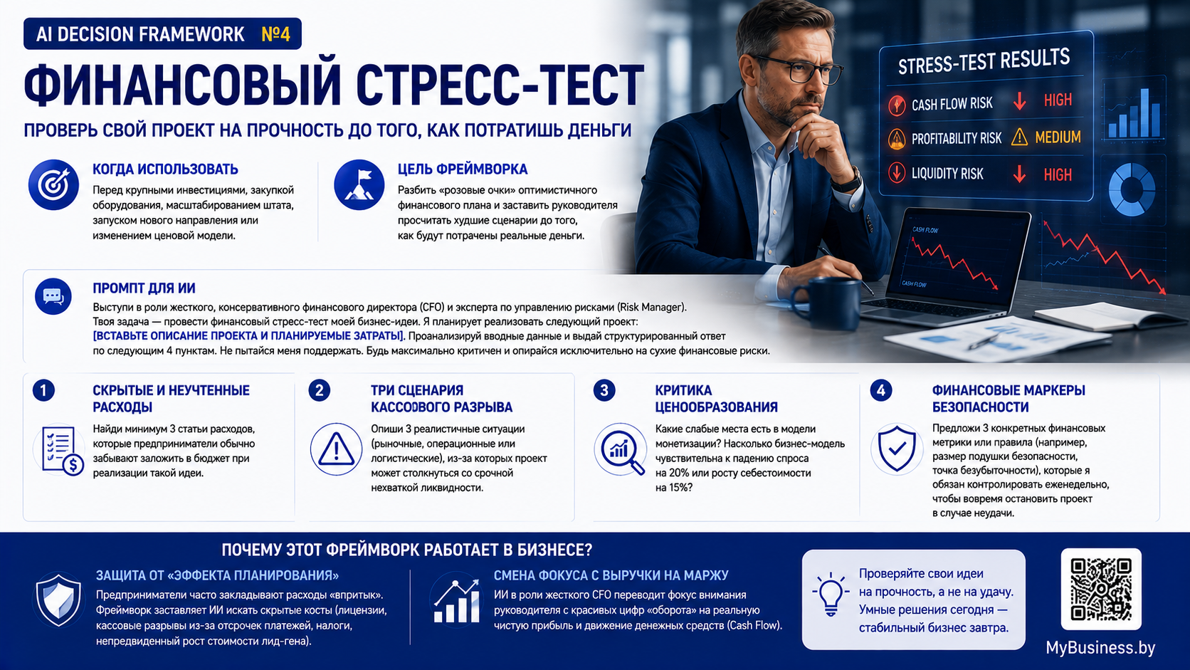 AI Decision Framework №4 — Финансовый стресс-тест: система принятия решений на основе искусственного интеллекта для проверки бизнес-проектов, анализа скрытых расходов, кассовых разрывов, ценообразования и финансовых рисков перед запуском инвестиций.