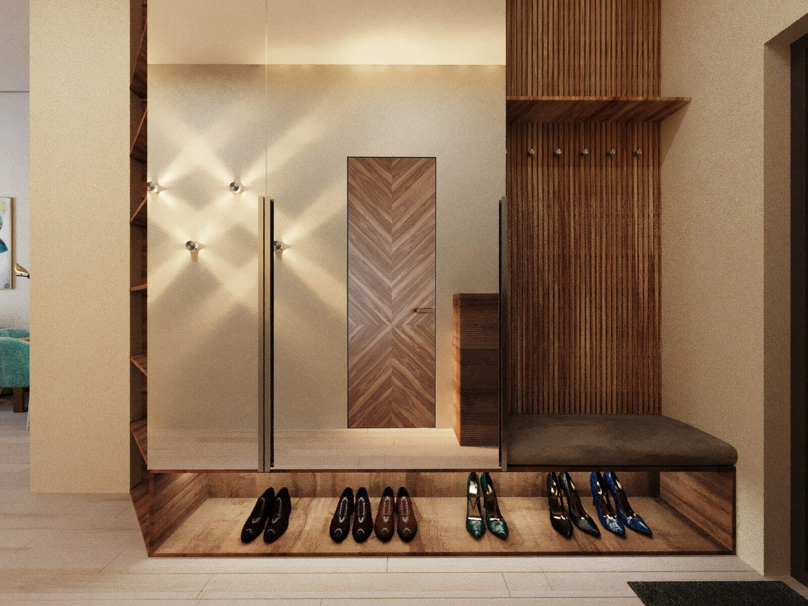 шкаф в прихожей со светящейся нишей для обуви, банкеткой, рейками, шпонированной дверью invisible, подсветкой на стенах
