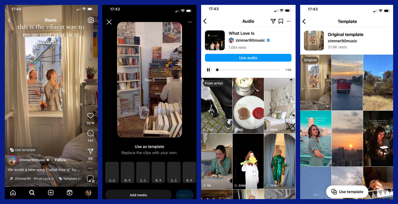 The screenshots show that Reels on Instagram not only shows the audio track that was used in its creation, but also a template that you can easily quickly edit and create your own trending video.