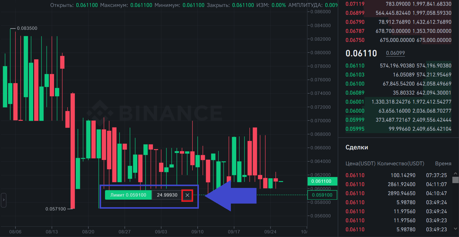 Отмена ордера через график на споте, Binance