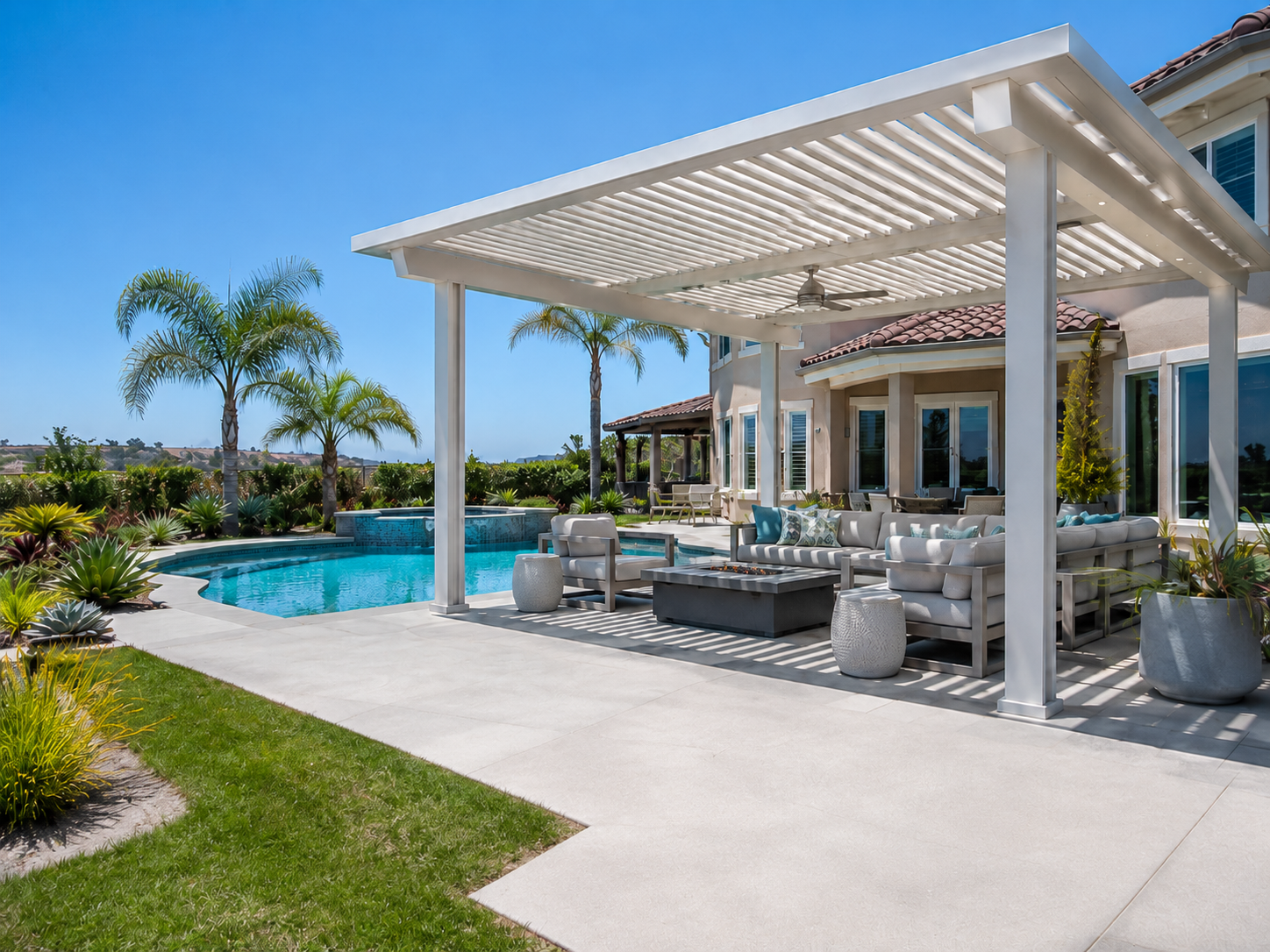 poolside aluminum pergola installation in Eastbluff Newport Beach backyard