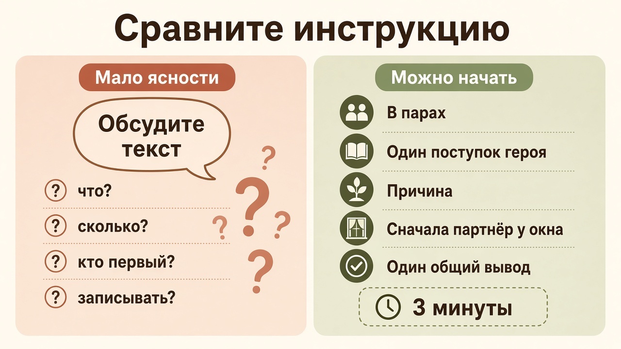 Слева короткая фраза «Обсудите текст» и вопросы, справа ясная работа в парах на три минуты