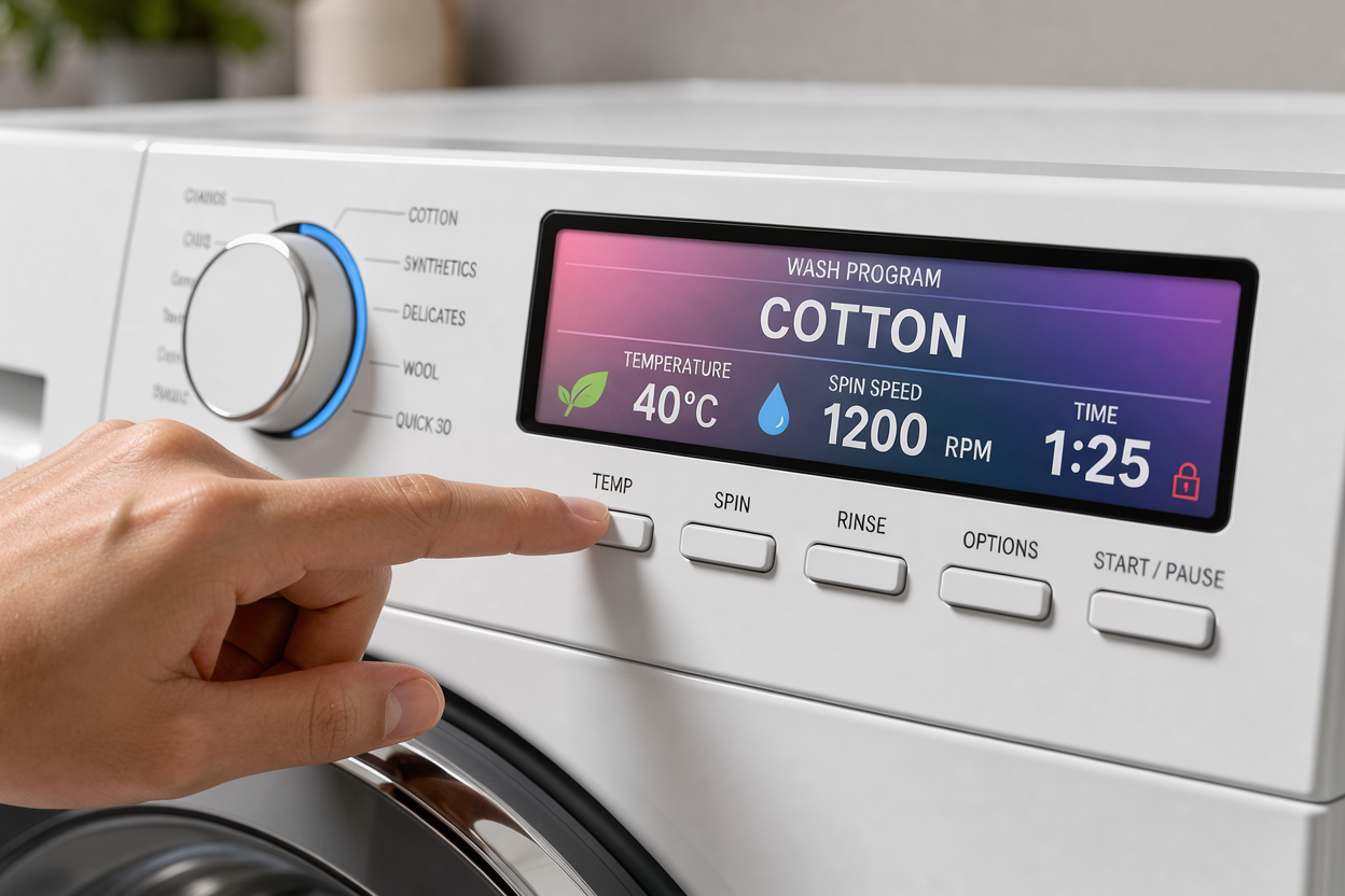 Person pressing buttons on a washing machine control panel showing temperature, spin speed and program names, close-up on display