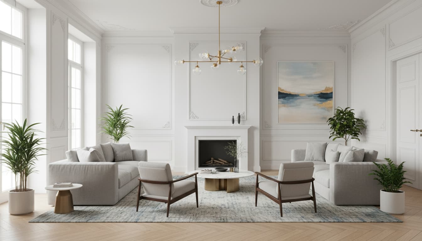 Светлая гостиная в европейском стиле с паркетом «елочкой», лепниной на стенах и современной мебелью