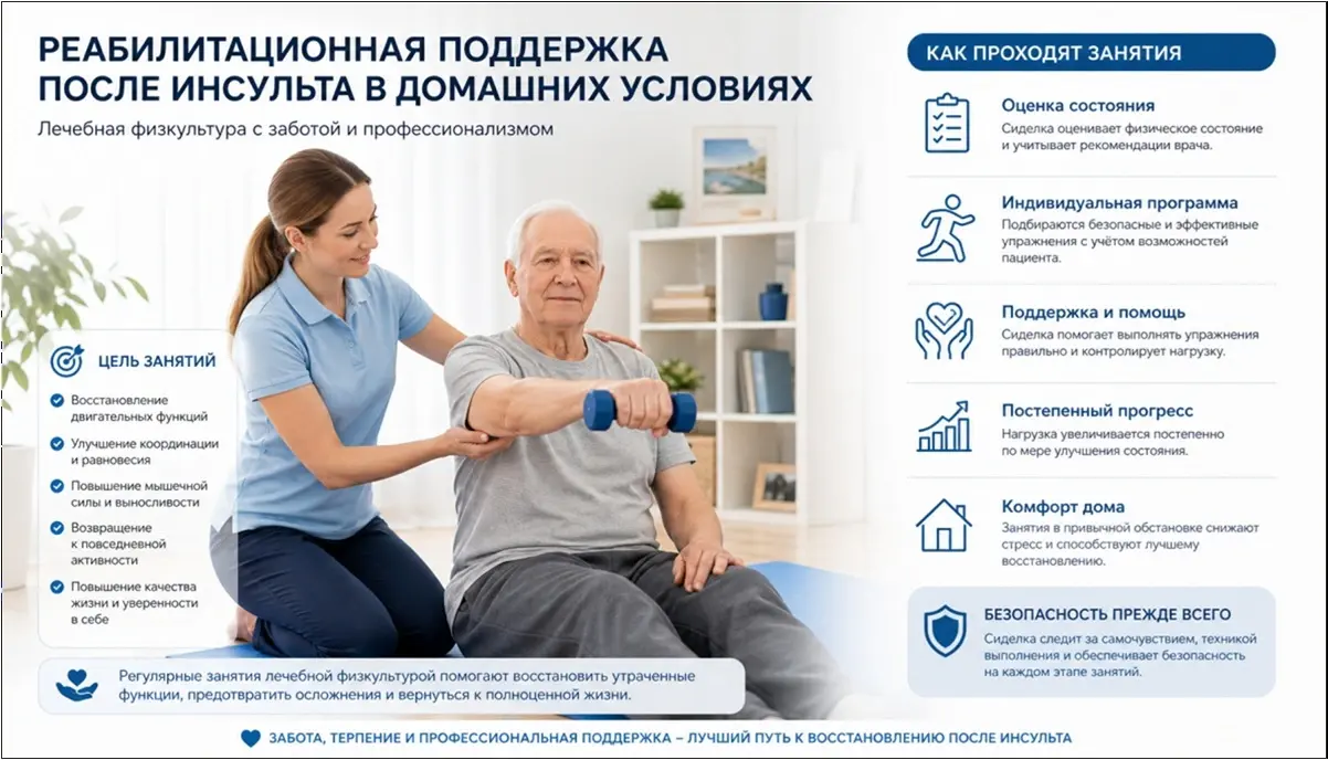 сиделка помогает пожилому мужчине выполнять упражнения лечебной физкультуры в светлой комнате — реабилитационная поддержка после инсульта в домашних условиях
