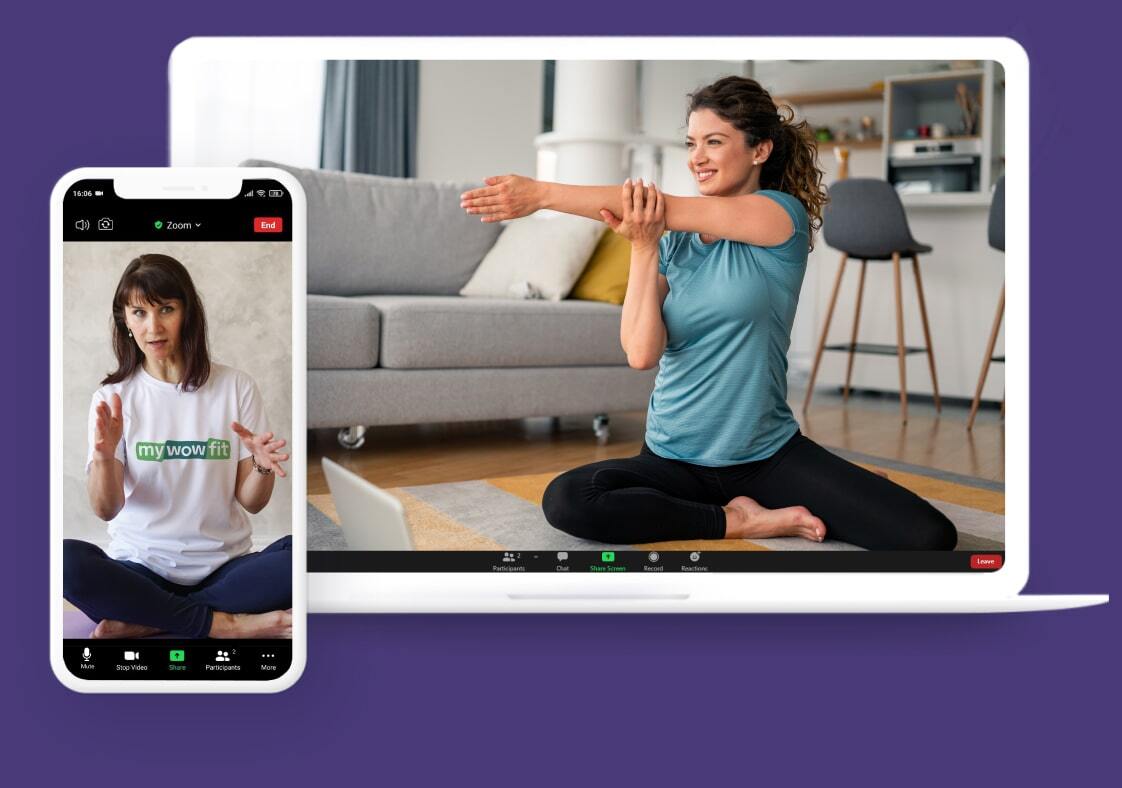 Woman doing shoulder mobility exercises with online coach
