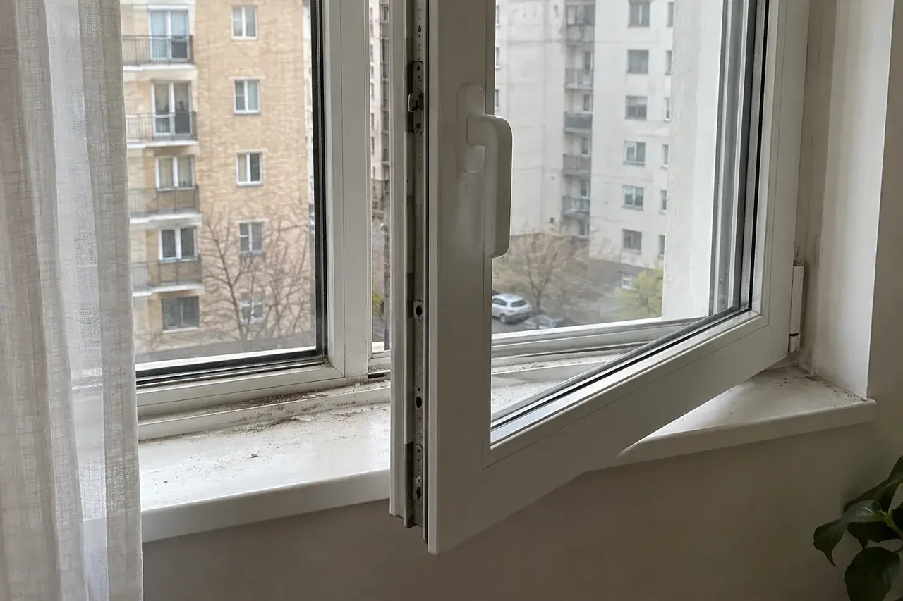 Открытое окно и пыль в нижней части рамы