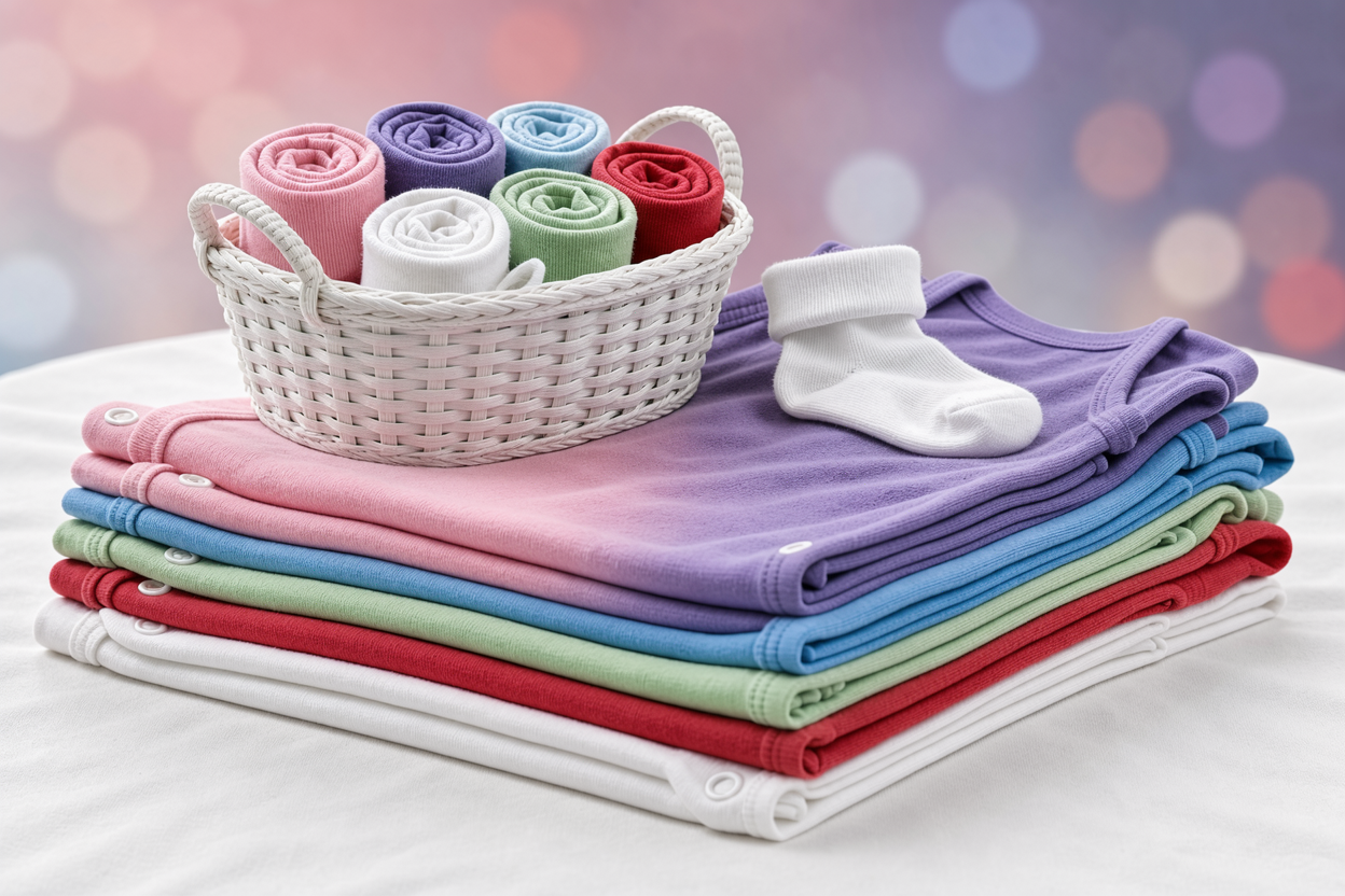 Close-up of a stack of freshly washed newborn cotton garments on a soft surface, with a small laundry basket and a baby sock on top, no brand labels