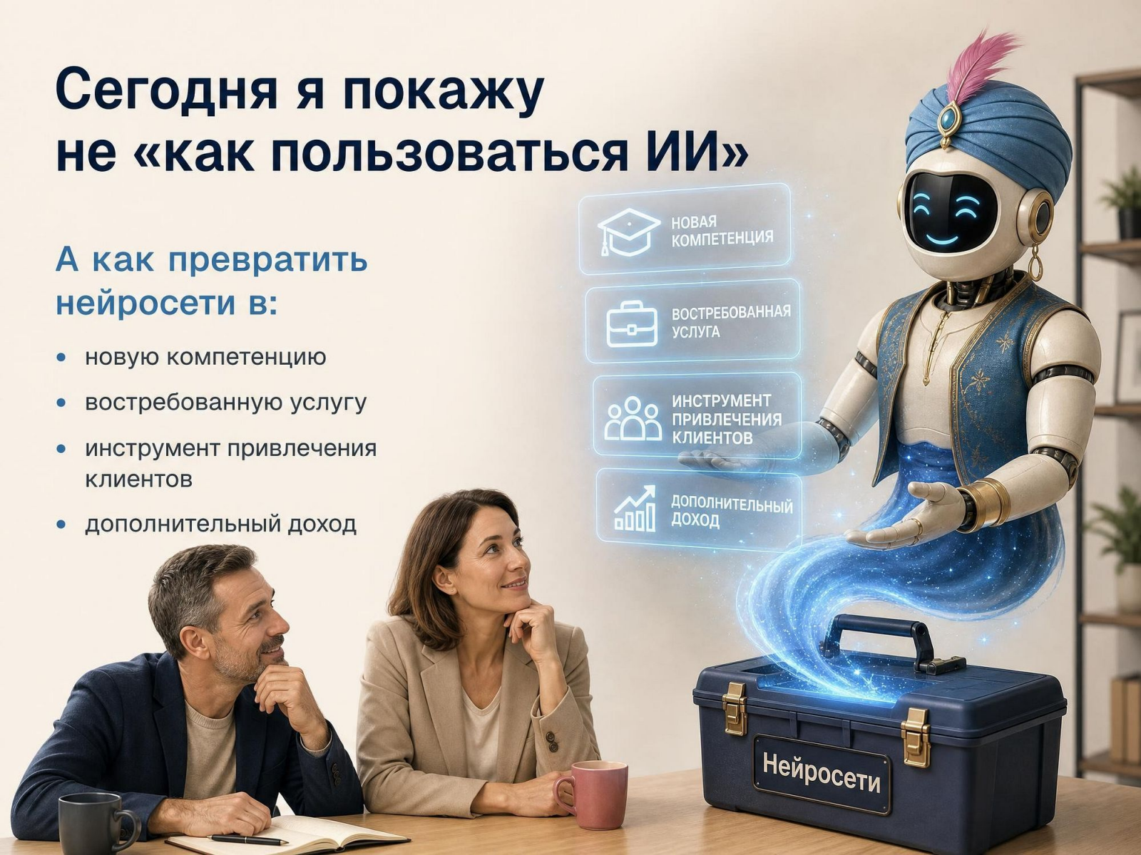 Слайд вебинара SKAI: ИИ-джин и наглядная схема применения Нейросетей