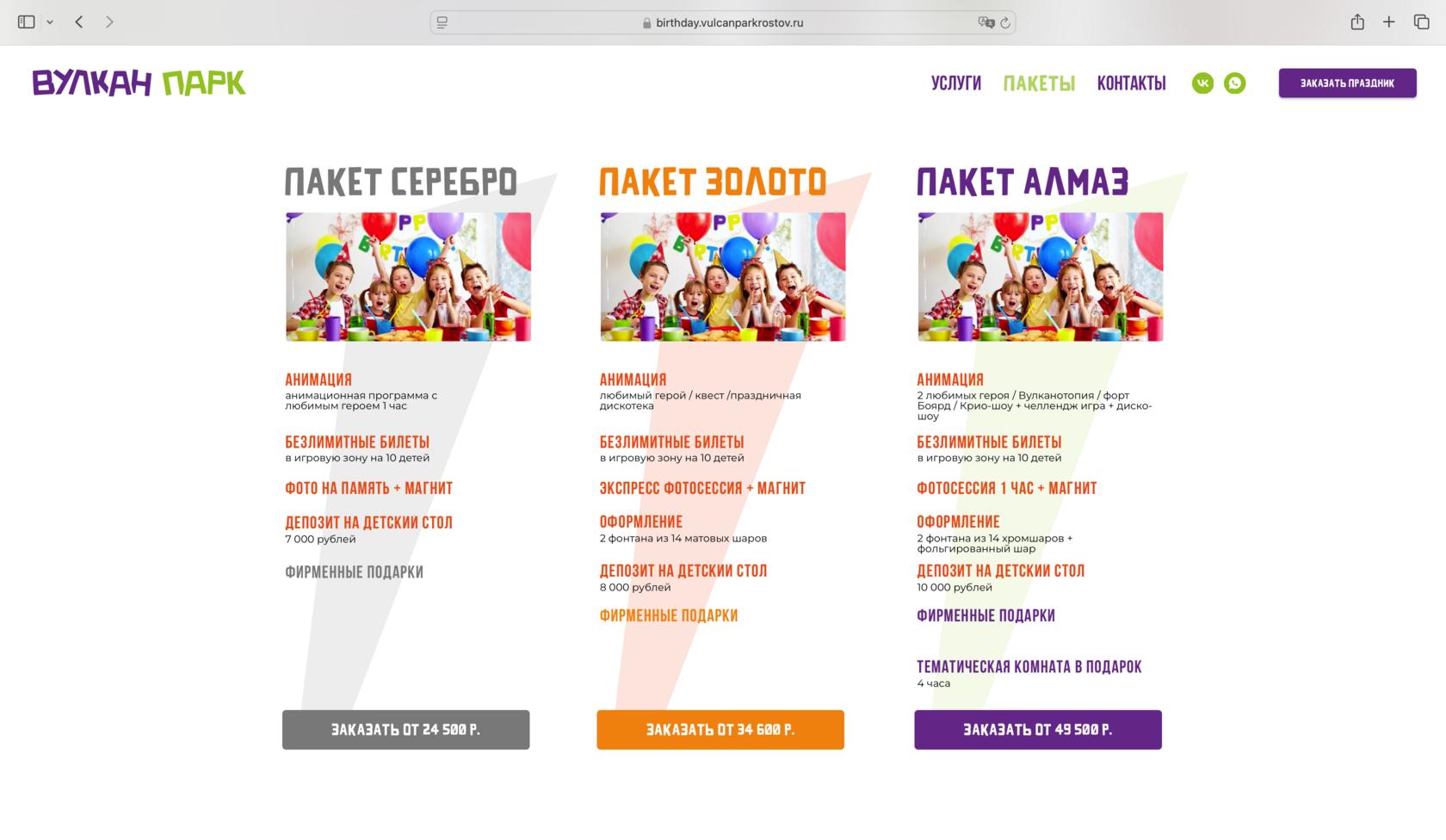 Пакетные предложения детских праздников «Вулкан Парка»