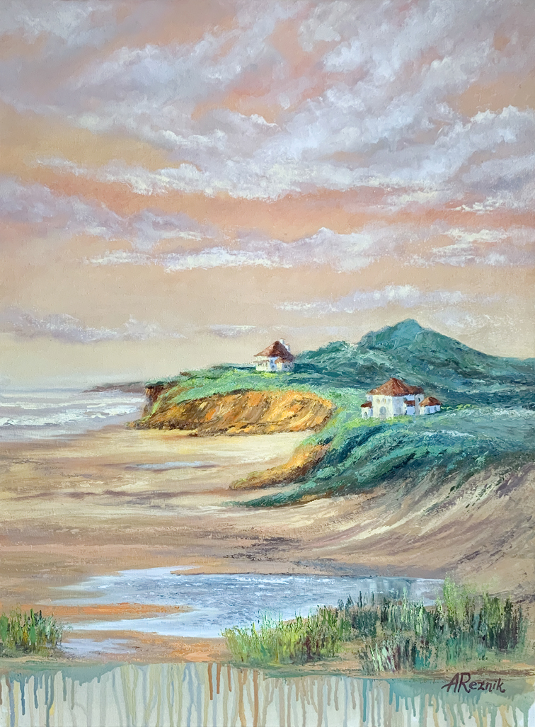  SLOW SUNRISE, 60*80 cm, authentic painting, author's painting, oil painting, nature, landscape, interior painting, warm shades, pastel colors, sea, seascape, sunset, , clouds, clouds at sunset, Anna Reznik Artist, Buy art from Anna Reznik, картина на заказ, картина маслом