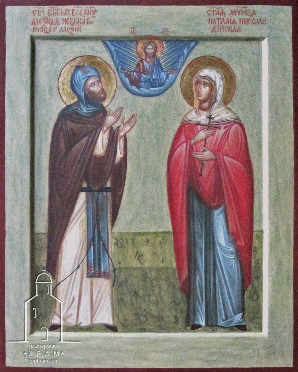  icon paintihg, hand painted icon of Holy Prince Alexander Nevsky and Martyr Natallia of Nicomedia, egg tempera