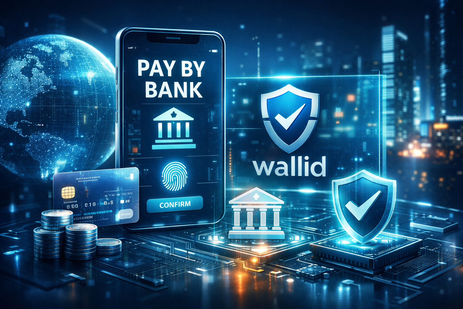 Futuristic digital illustration of a Wallid pay-by-bank interface on a smartphone, surrounded by holographic banking icons, coins, and secure transaction symbols.