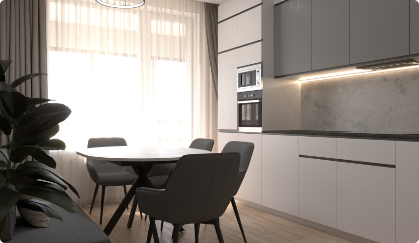 Разработка кухни, белый фасад, коричневая столешка, островок на кухне, интерьер, разработка мебели, создание мебели, заказ мебели, кухонная мебель, 3Д визуализация кухни, модель кухни, визуализация кухни, проект кухни