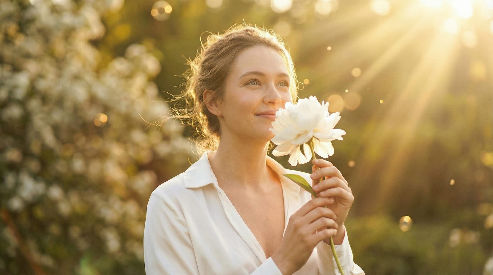 Женщина вдыхает аромат белого пиона — свободное дыхание после лечения заложенности носа