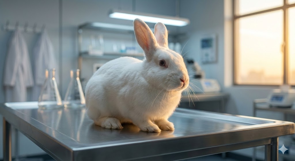 Белый кролик в лаборатории как символ Всемирного дня защиты лабораторных животных