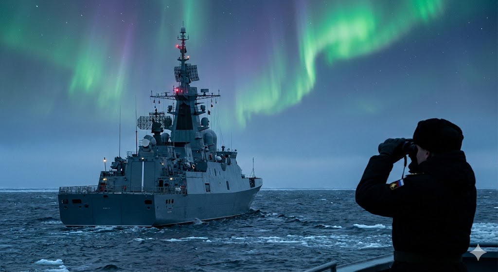 Корабль разведки ВМФ России в море под северным сиянием