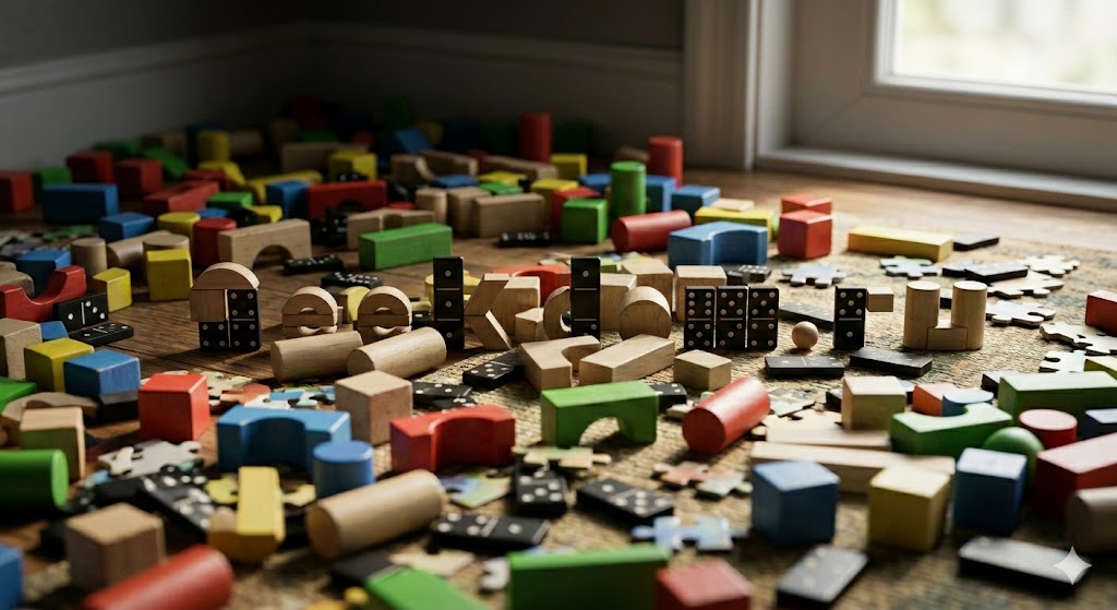 Международный день игры яркие кубики конструктора на полу.