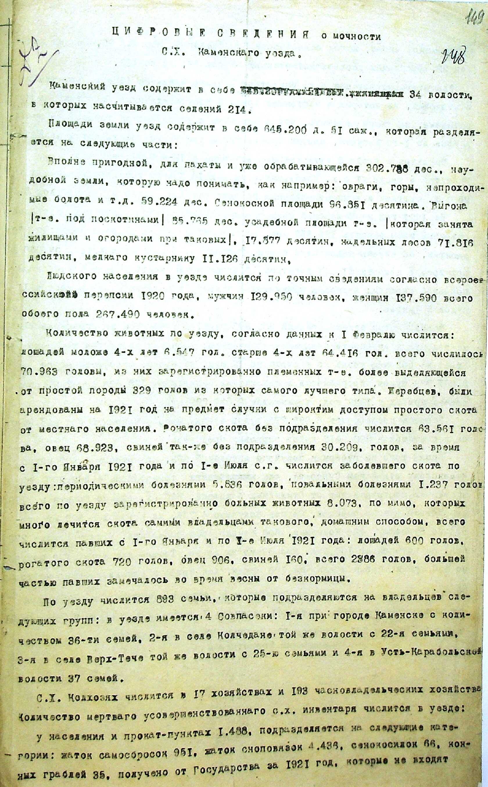 Цифровые сведения по Каменскому уезду. 1921 г.