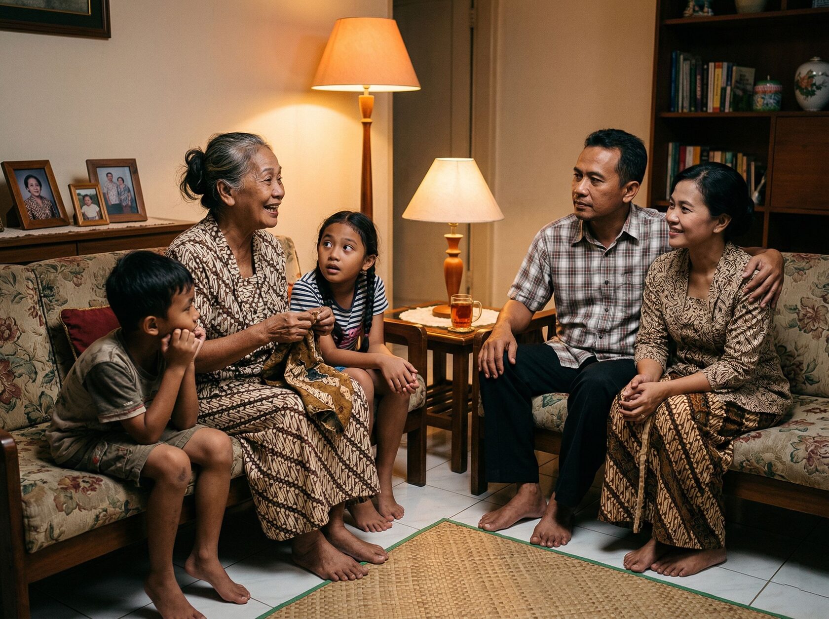Keluarga Indonesia mendengarkan cerita tradisi lisan di rumah