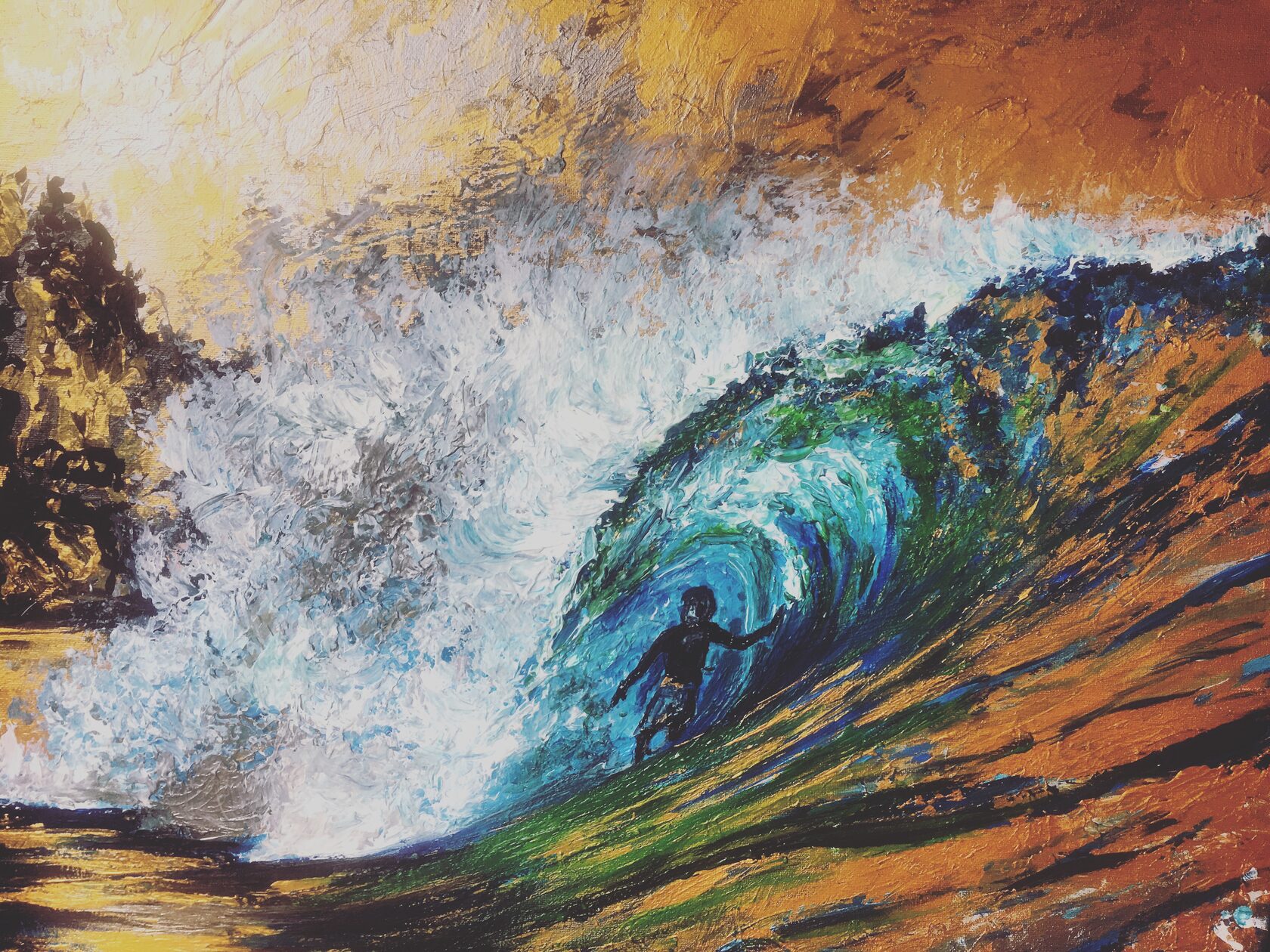 A solitary figure inside a breaking wave, gold and teal, oil on canvas