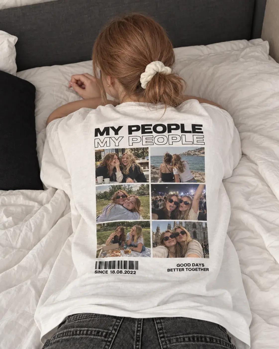 Коллаж из шести фотографий подруг и надпись MY PEOPLE на спине светлой футболки