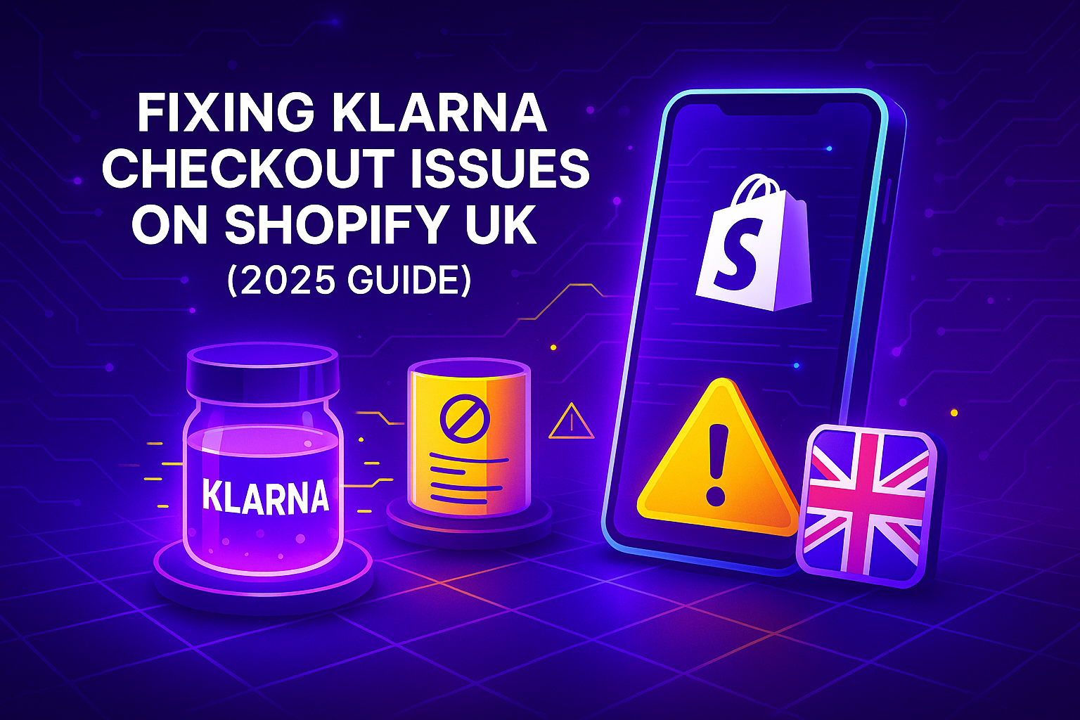 Futuristic digital illustration showing Shopify and Klarna checkout error icons, UK elements, and warning symbols, representing how to fix Klarna checkout issues on Shopify UK