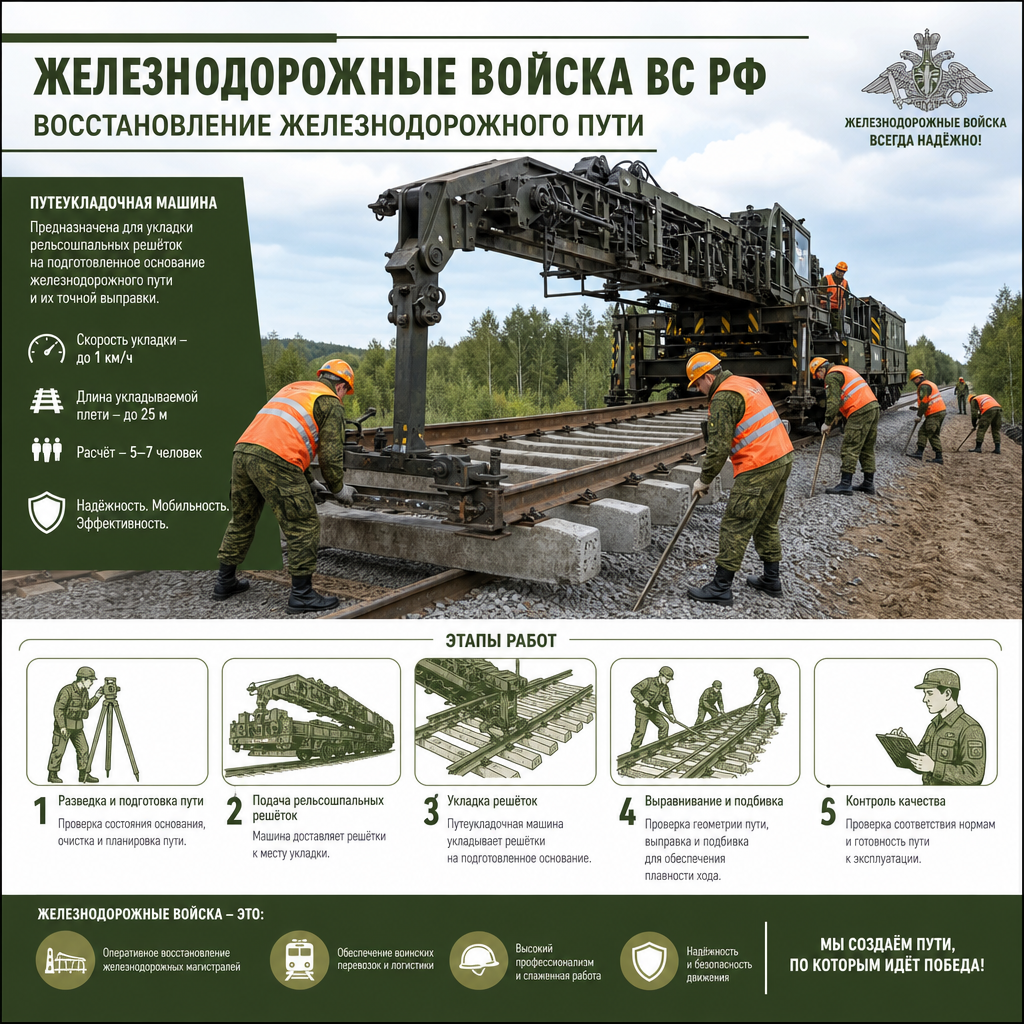 Военнослужащие железнодорожных войск РФ работают с путеукладочной машиной на восстанавливаемом участке железнодорожного пути — укладка рельсошпальных решёток, работа в касках и защитных жилетах