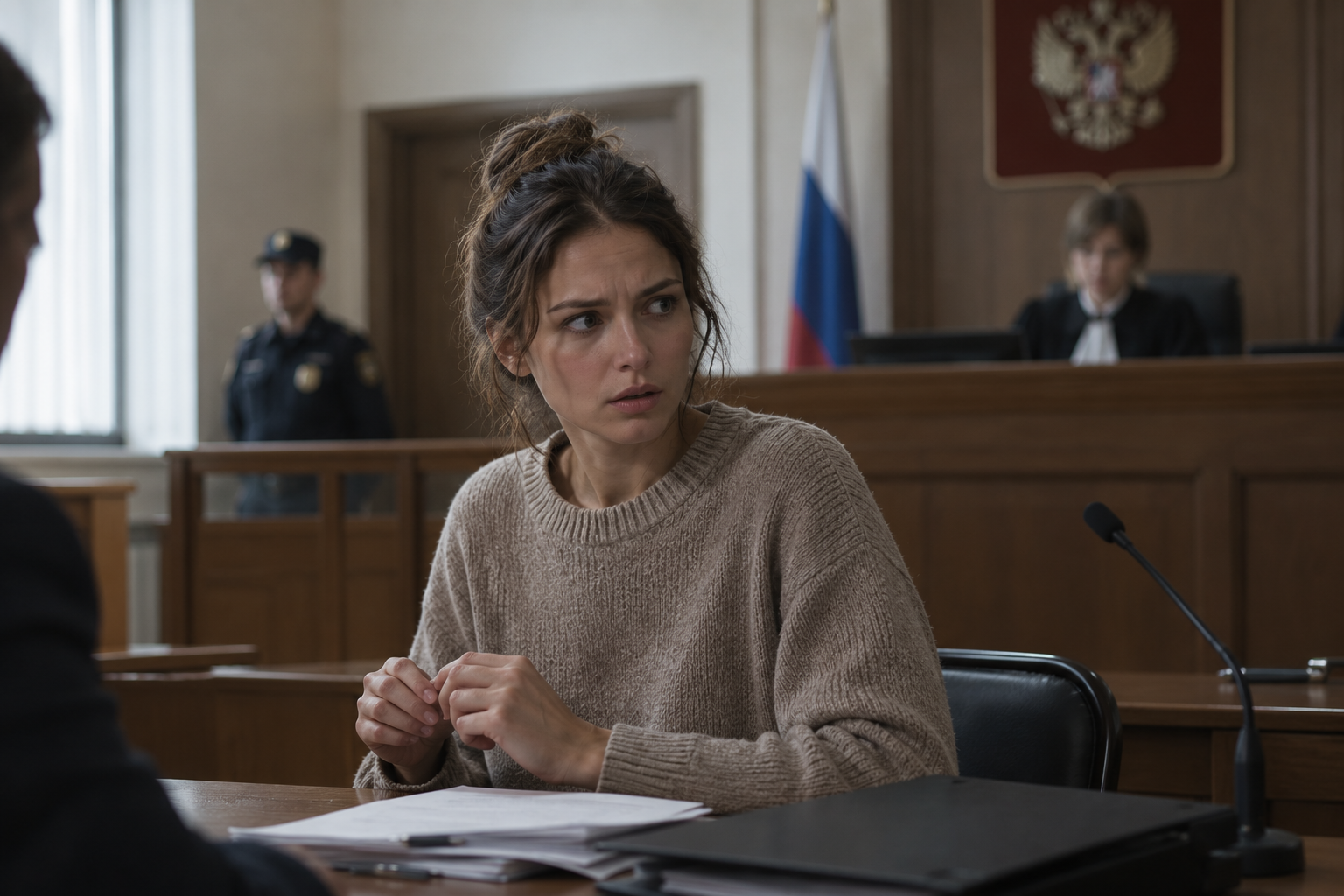 Растерянная женщина во время судебного заседания