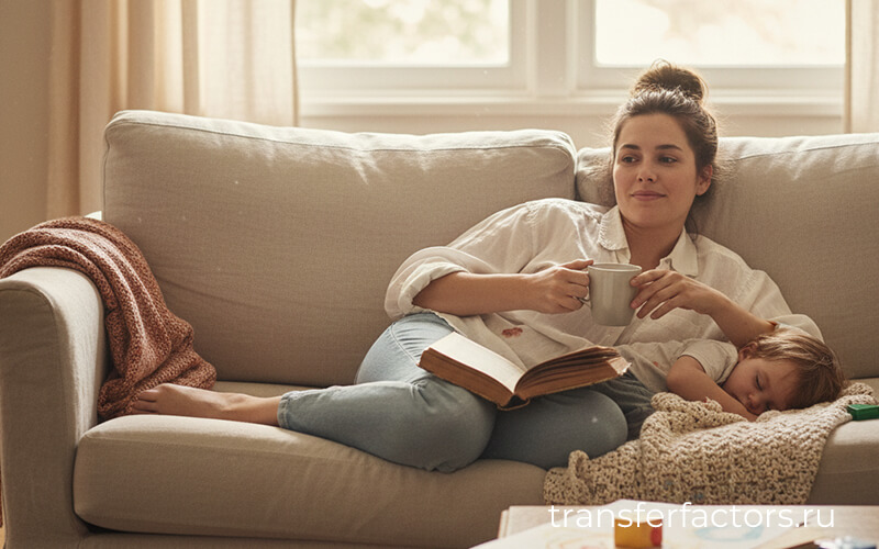 4Life Transfer Factor: мама отдыхает без чувства вины — женщина на диване с кружкой и книгой, ребёнок спит рядом