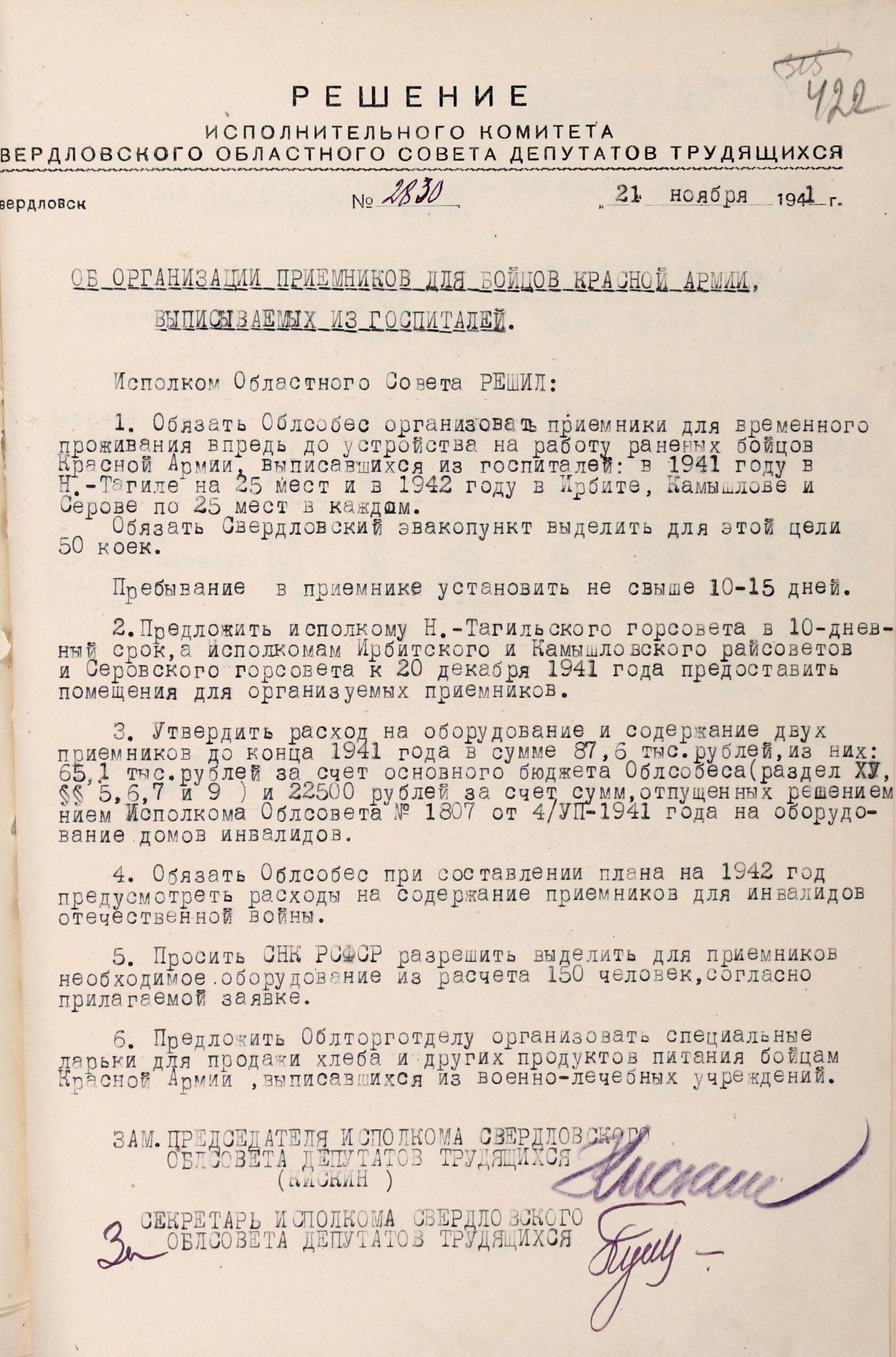 Решение Свердловского облисполкома № 2830 «Об организации приемников для бойцов Красной армии, выписываемых из госпиталей». 21 ноября 1941 г. 
