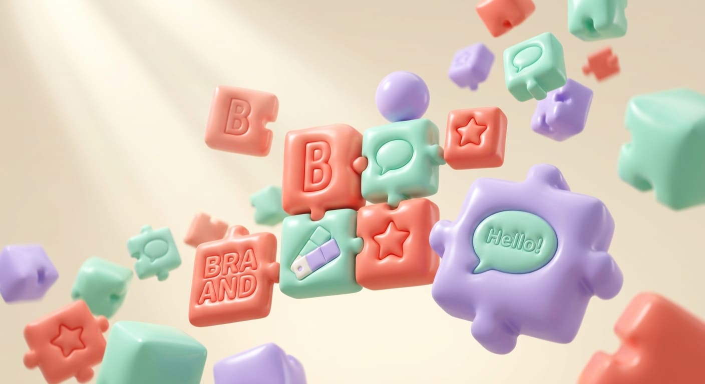 3D-иллюстрация в виде разобранного конструктора: мягкие надутые блоки-пазлы кораллового, мятного и лавандового цветов