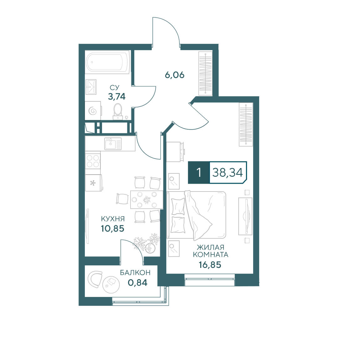 1-комнатная 38,34 м²