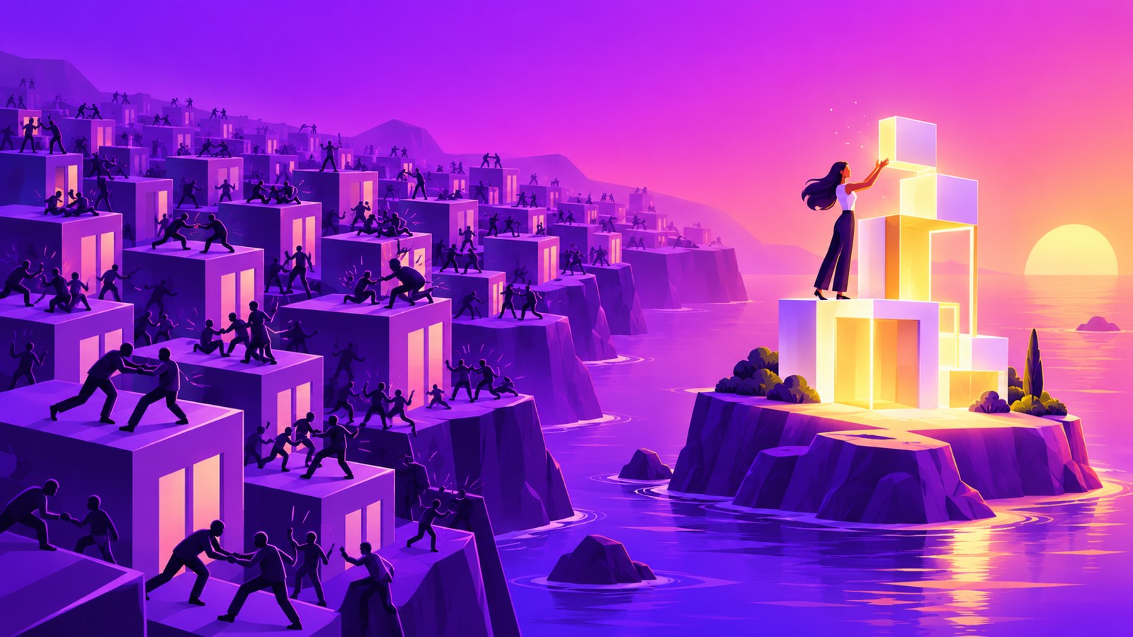 Zero to One summary illustration: a founder builds a glowing new structure on her own small island while crowds fight over identical buildings on the crowded shore