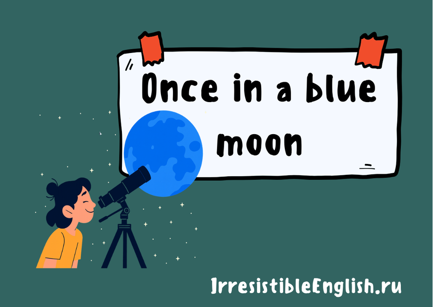 Иллюстрация девушки в жёлтой футболке, которая смотрит в телескоп на голубую луну. На фоне большой белый плакат с надписью «Once in a blue moon».