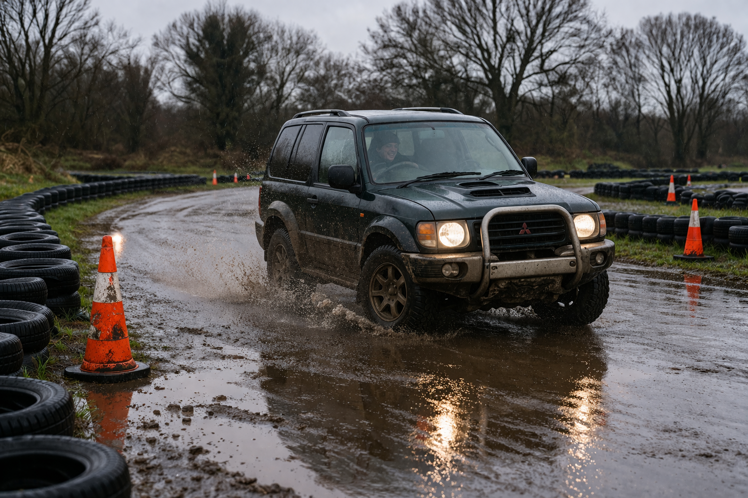 Reverse steer jeep driving on a wet muddy track with puddles, tyre barriers and cones on a grey Irish day