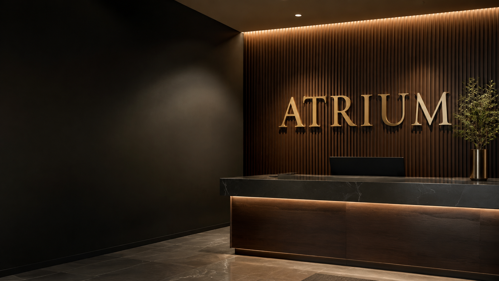 3D Рендер — металлические буквы на ресепшен ATRIUM