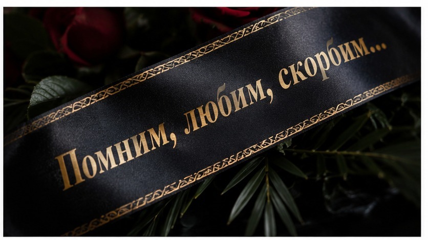 Крупный план чёрной атласной ленты с золотой надписью на траурном венке