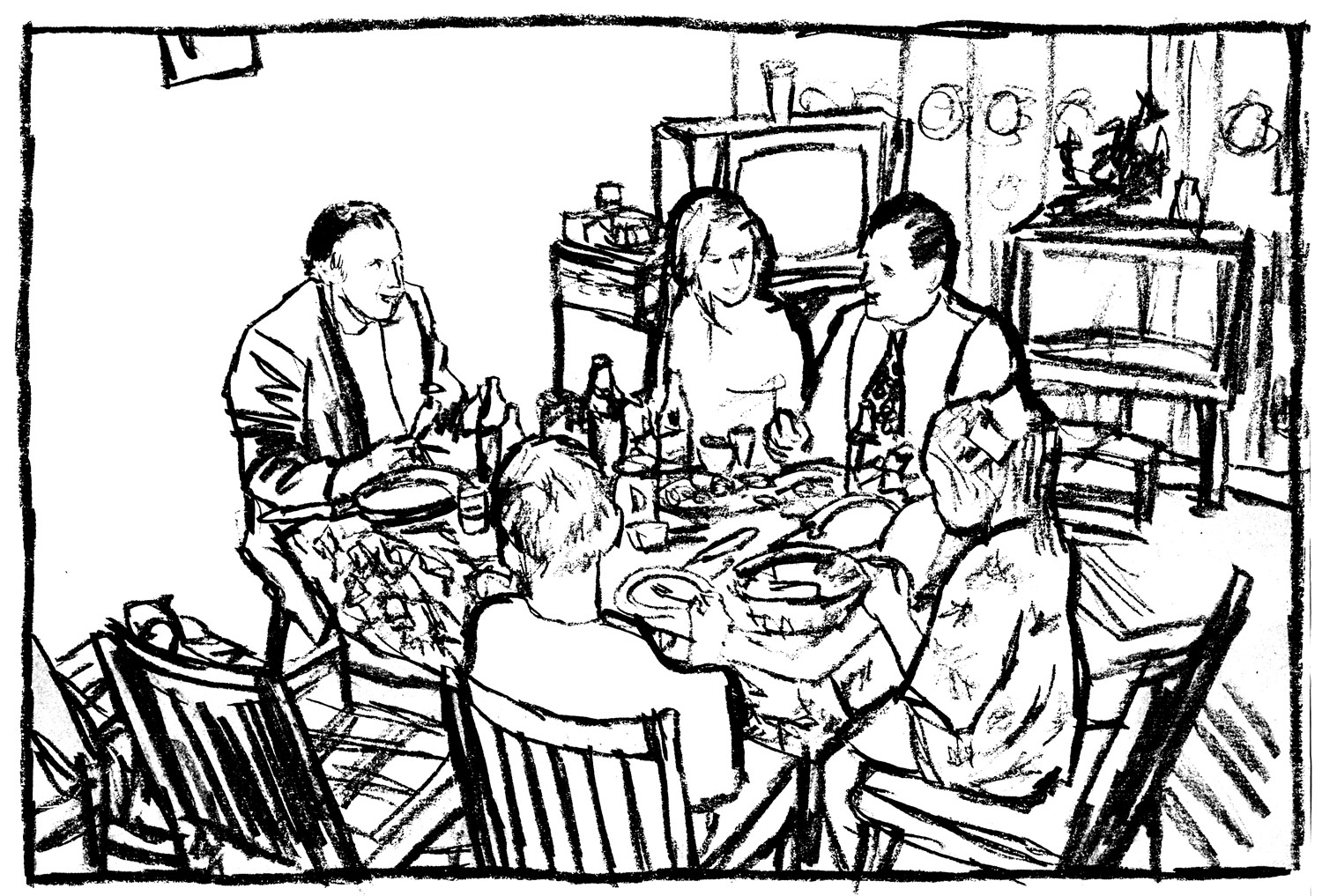 Рисунок раскраска семья за столом