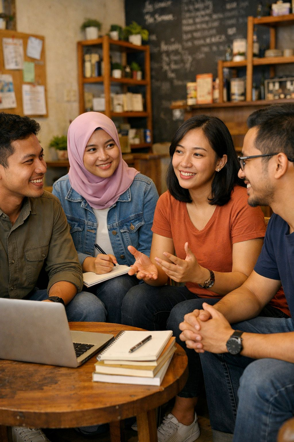 Kelompok teman berdiskusi dalam lingkungan suportif yang membantu proses belajar dan membangun rasa percaya diri