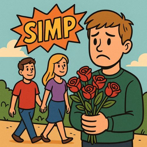 Комиксовая иллюстрация: парень с букетом роз грустит, а мимо проходит пара — пример употребления simp в значении «человек, чрезмерно старающийся понравиться».
