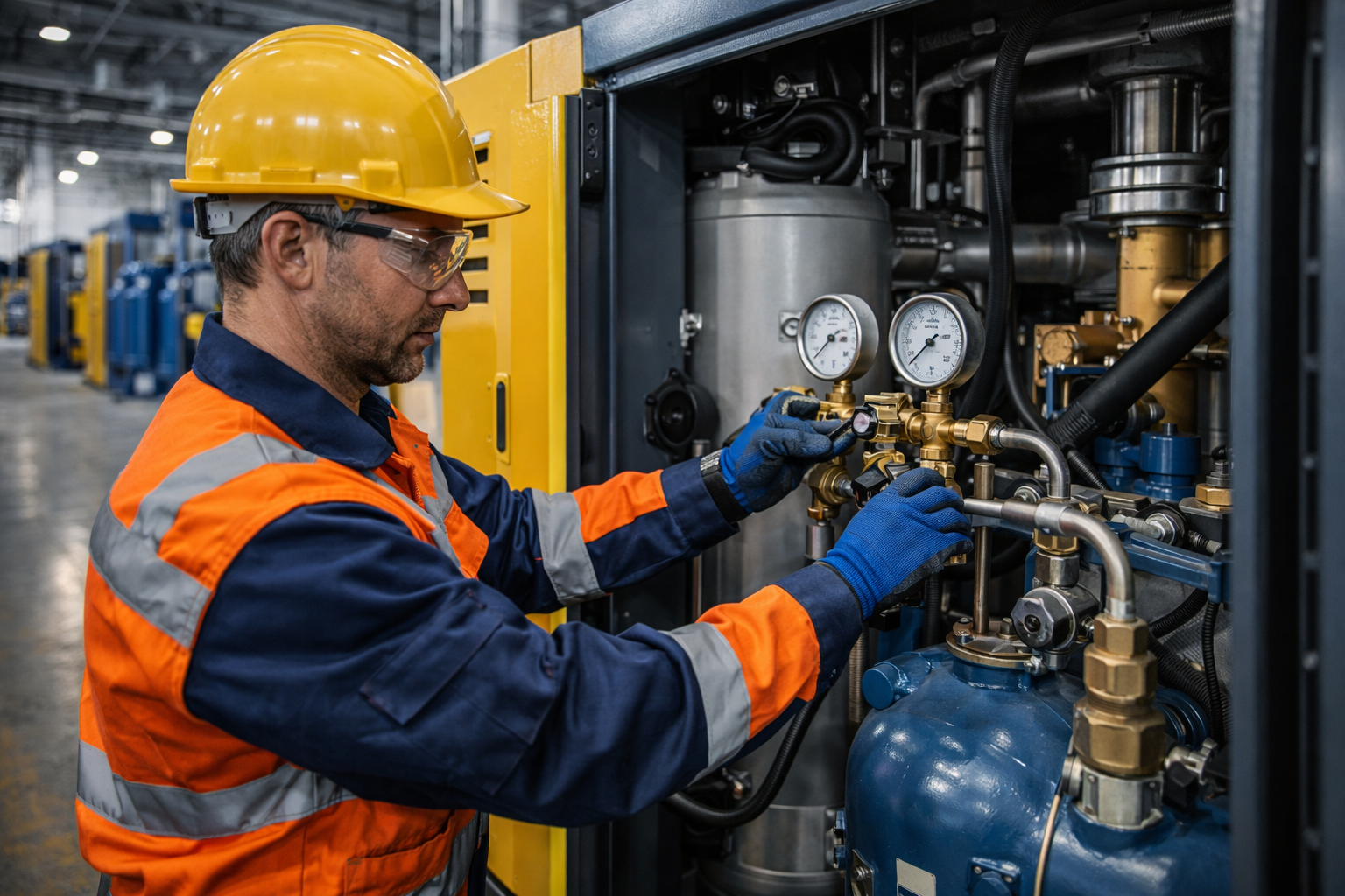 Техник проводит техническое обслуживание компрессорной станции — проверка манометров и арматуры