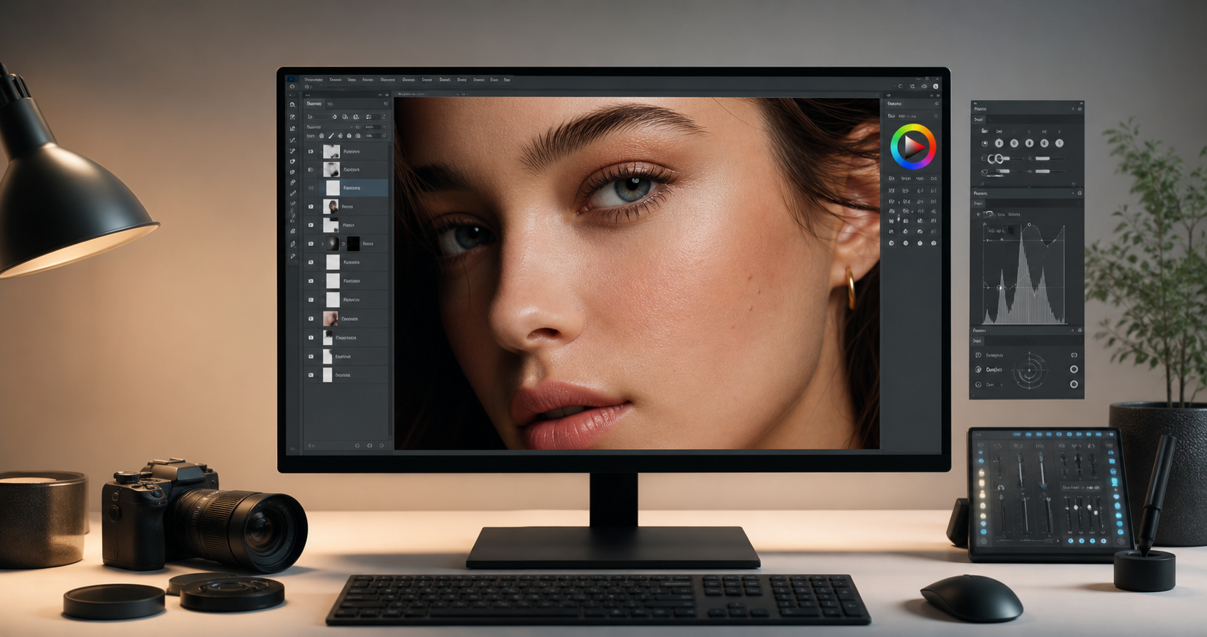 Частотное разложение в Photoshop: панель слоёв и ретушь кожи портрета на мониторе
