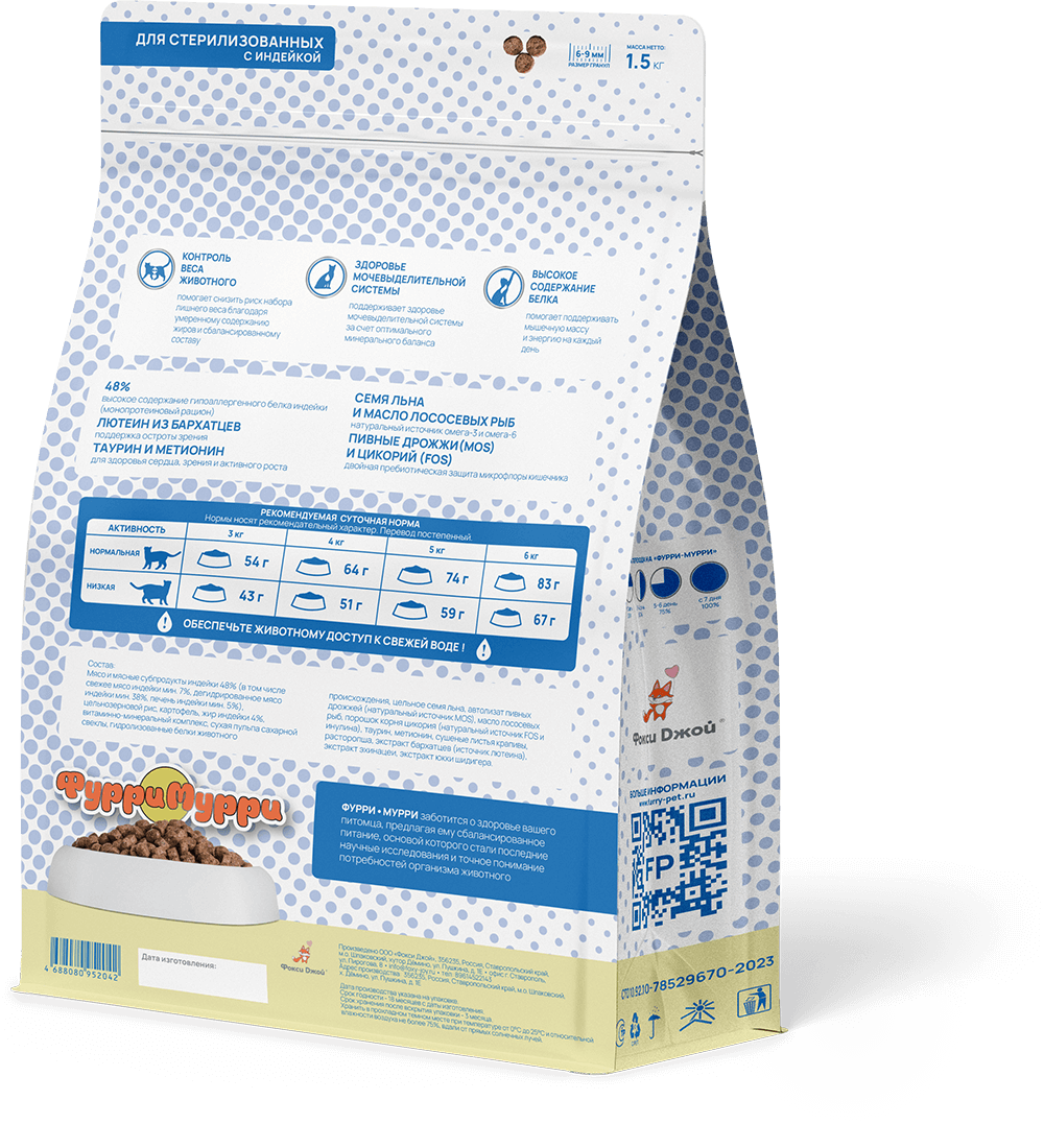 сухой корм для стерилизованных кошек ФУРРИ•МУРРИ упаковка. С индейкой (монопротеин). Задняя сторона
