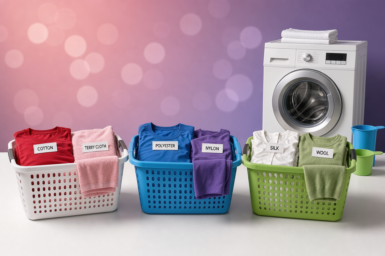 three laundry baskets with sorted clothes by color and fabric types next to a washing machine, clear labels visible on garments but no brand names
