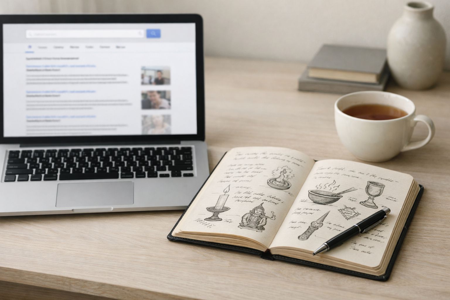 Ilustrasi riset tradisi Indonesia dengan laptop dan catatan, menggambarkan cara memeriksa sumber budaya yang tepercaya