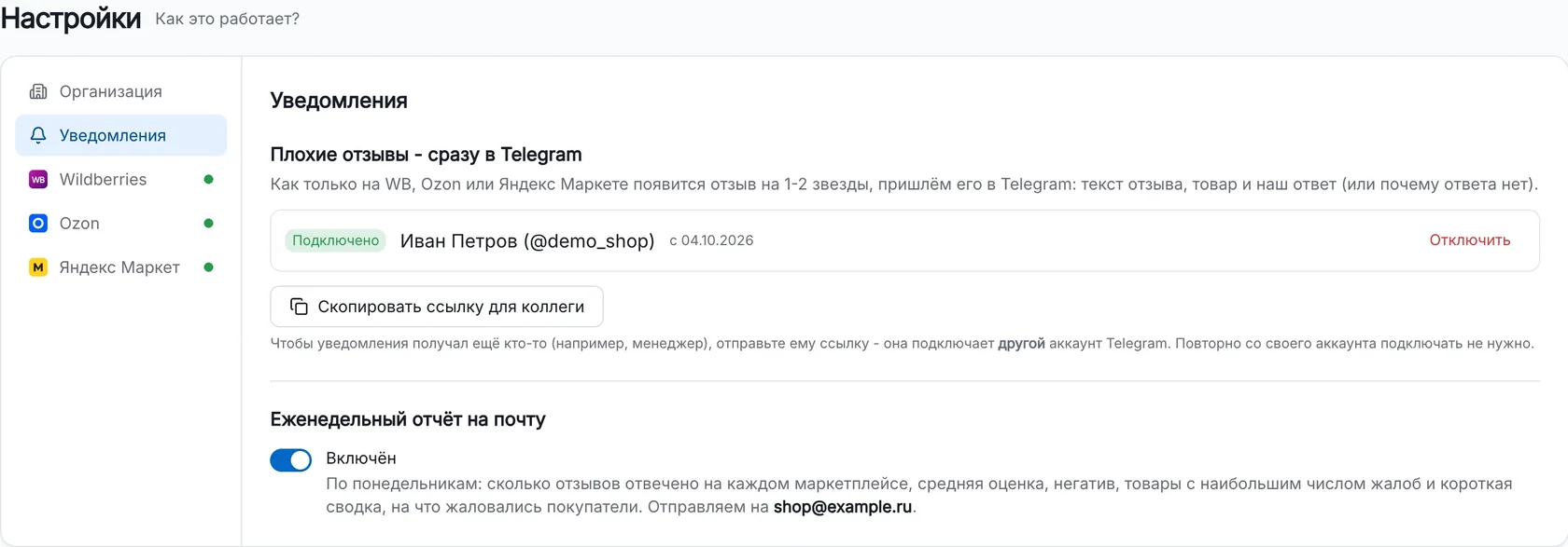 Уведомления о негативных отзывах в Telegram и еженедельный отчёт