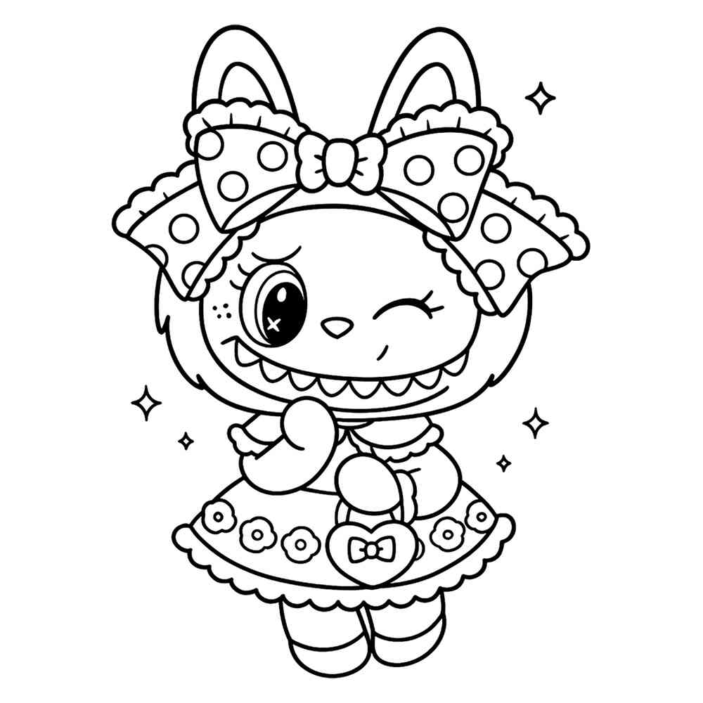 Лабубу девочка в платье раскраска для детей контурный черно-белый рисунок labubu 