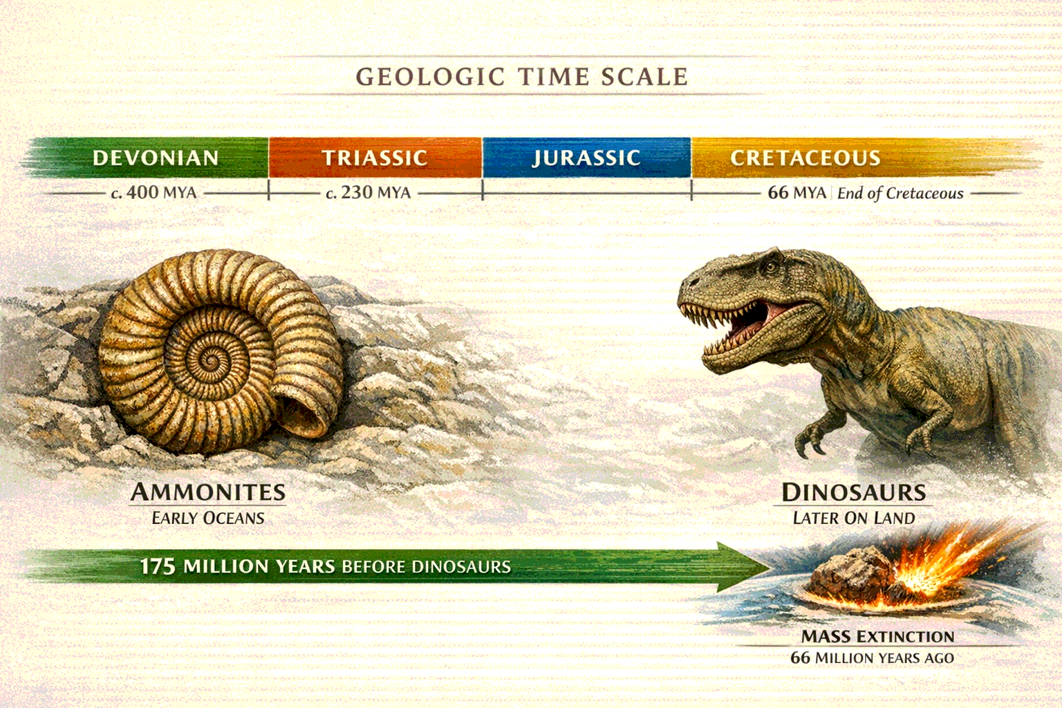 Geological time scale showing when ammonites and dinosaurs lived, illustrating that ammonites appeared in the oceans millions of years before the first dinosaurs evolved.